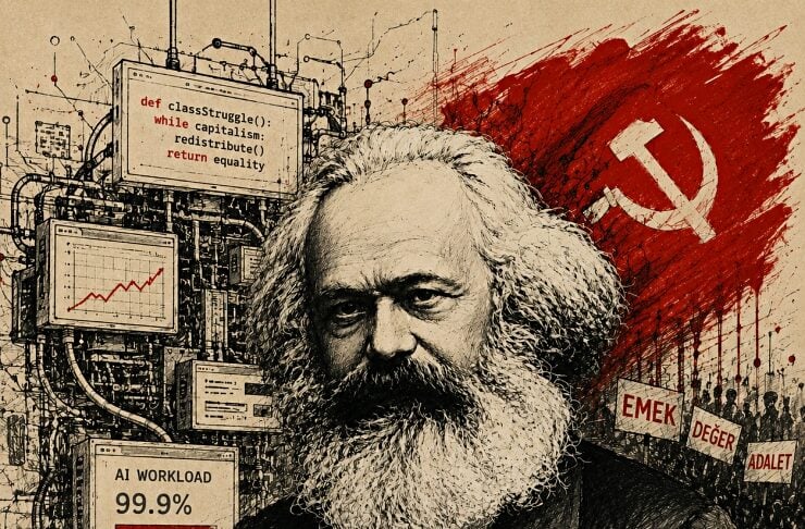 Stylized illustration of a bearded man among complex circuitry and monitors, with a red hammer-and-sickle splash in the background, and labels like ‘AI WORKLOAD 99.9%’ and ‘EMEK DEĞER ADALET’ conveying themes of AI, labor, and socialism.