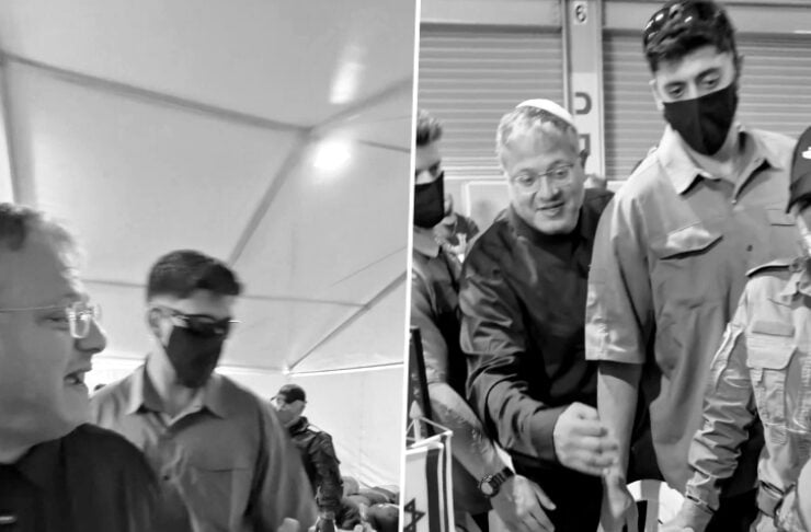 Two-panel black-and-white photo of volunteers in masks greeting and high-fiving seated recipients at a community outreach event under a tent.
