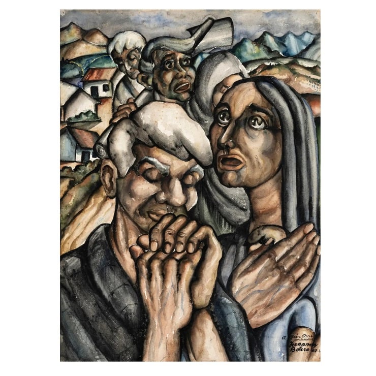A cubist-style painting of a distressed family with clasped hands and wide eyes, set against a hilly landscape with small houses in the background.
