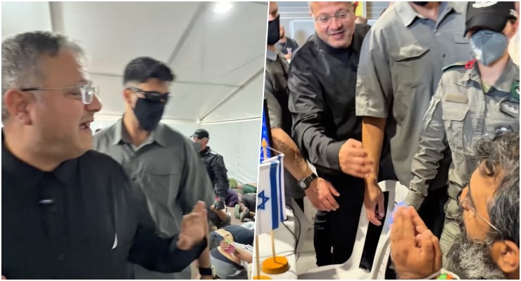 Two-panel indoor event image showing men in casual and security uniforms greeting each other and talking with people seated nearby.