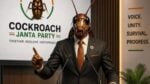 Person in a suit wearing a large cockroach mask speaking at a podium; backdrop shows 'COCKROACH JANTA PARTY' and slogans about unity and progress.