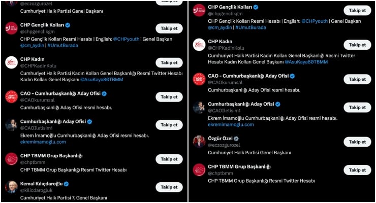 List of Turkish political party Twitter accounts with verification badges and Follow buttons labeled Takip et in a dark UI.