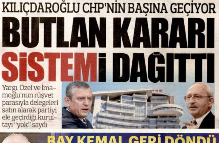 Two Turkish newspaper front pages with bold political headlines; top: 'BUTLAN KARARI SISTEMI DAGITTI' with two men and a building image, bottom: 'PAVYONDA BAŞLADI MAHKEMEDE BİTTİ' with a man's portrait and pavilion photo.