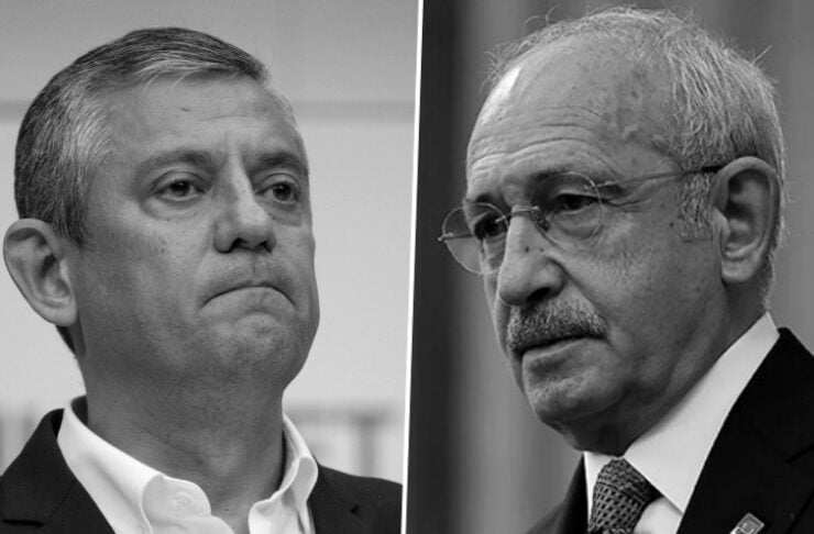 Split-screen image of two men in suits speaking at a political debate or panel, facing opposite directions and separated by a diagonal divider.