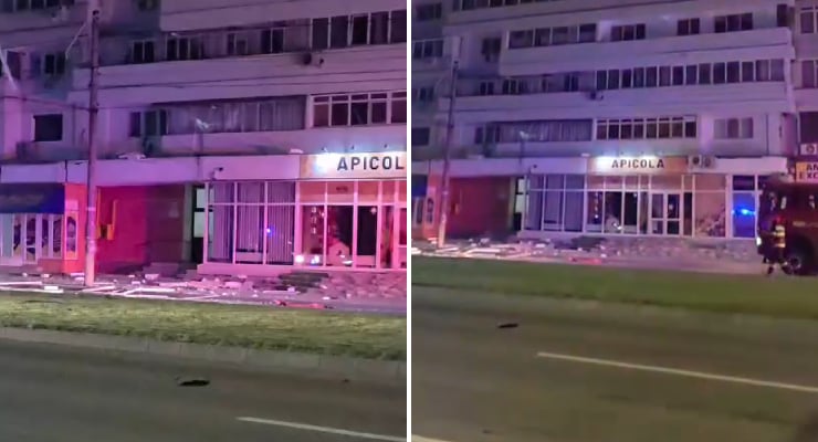 Two-panel night scene of a damaged storefront labeled APICOLA, with debris on the sidewalk and flashing emergency lights.