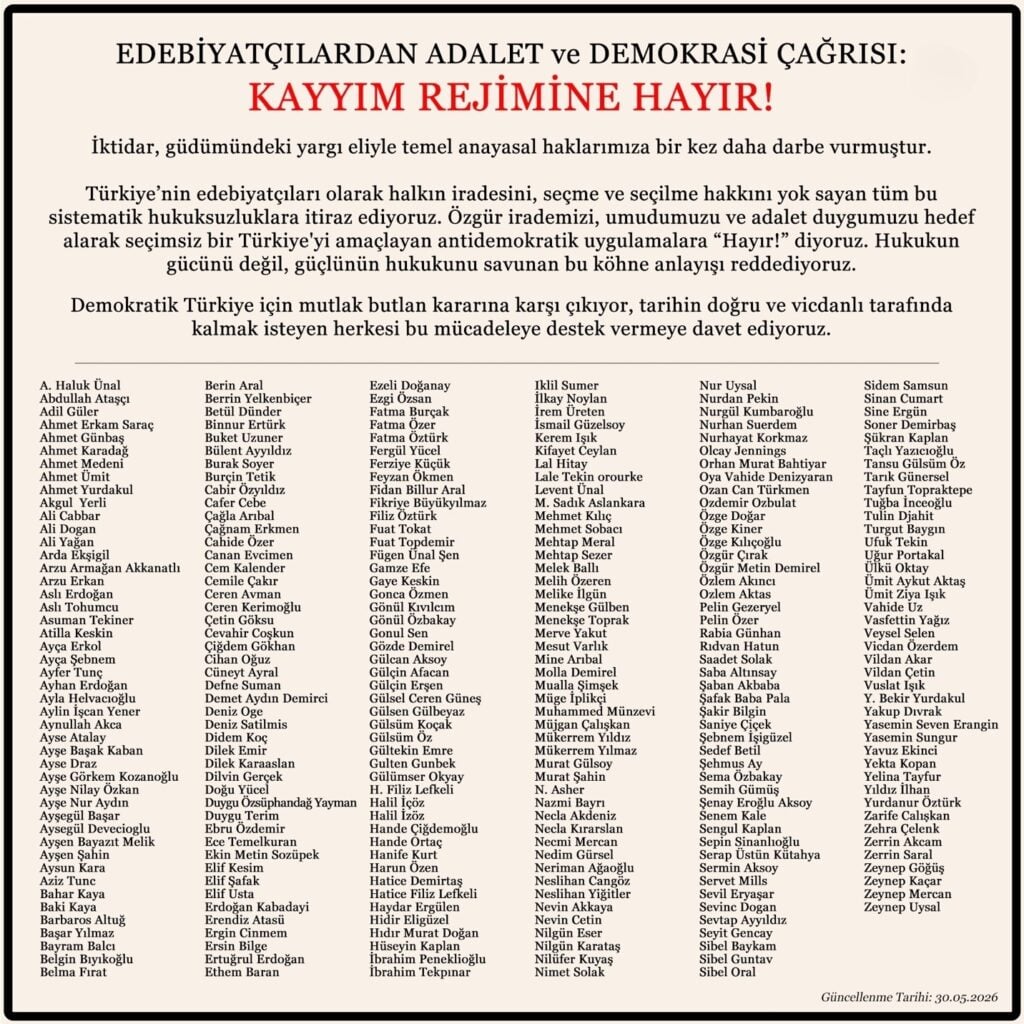 Turkish petition poster calling for justice and democracy, opposing a appointed‑governor regime; features a large red headline and many names listed in five columns, with update date 30.05.2026.