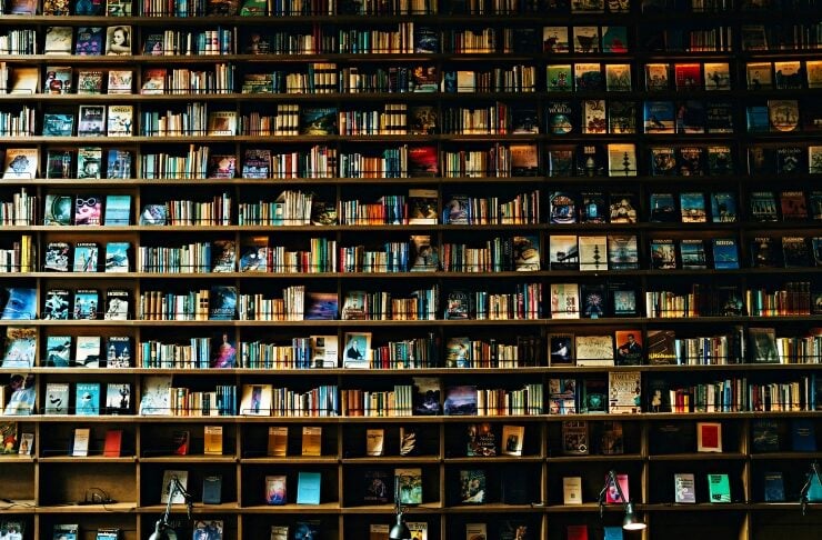 Wall of evenly spaced shelves filled with colorful books in a bookstore or library, warmly lit from above.
