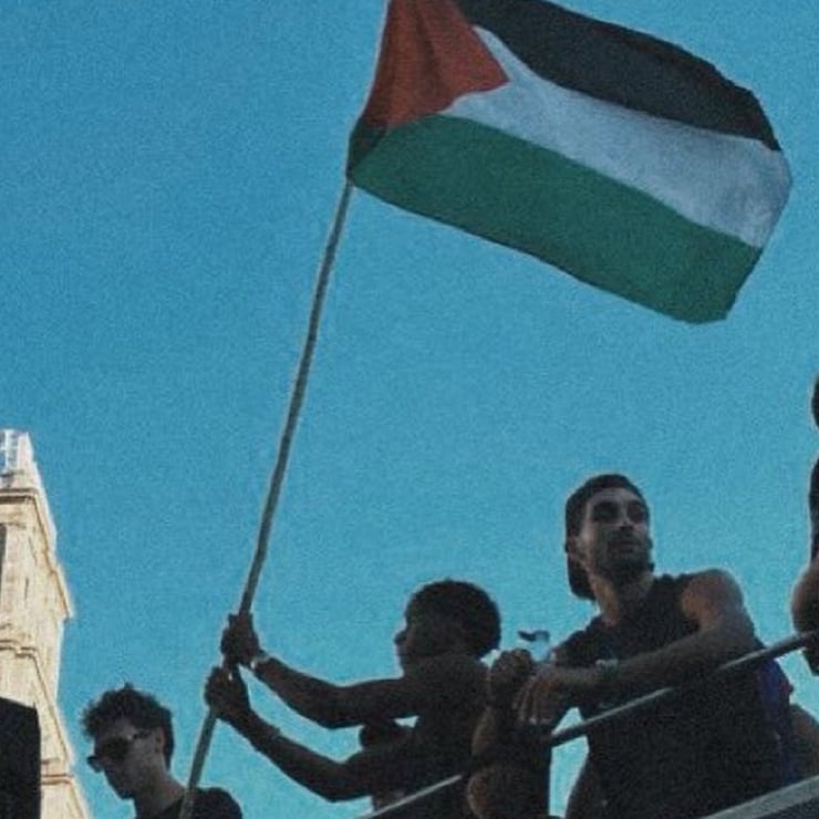 People on a balcony waving a Palestinian flag against a clear blue sky during a protest moment.