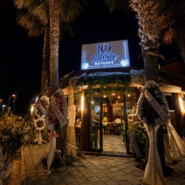 Night exterior of a restaurant called 10 masa with a lit sign, palm trees, and floral wreaths at the entrance.