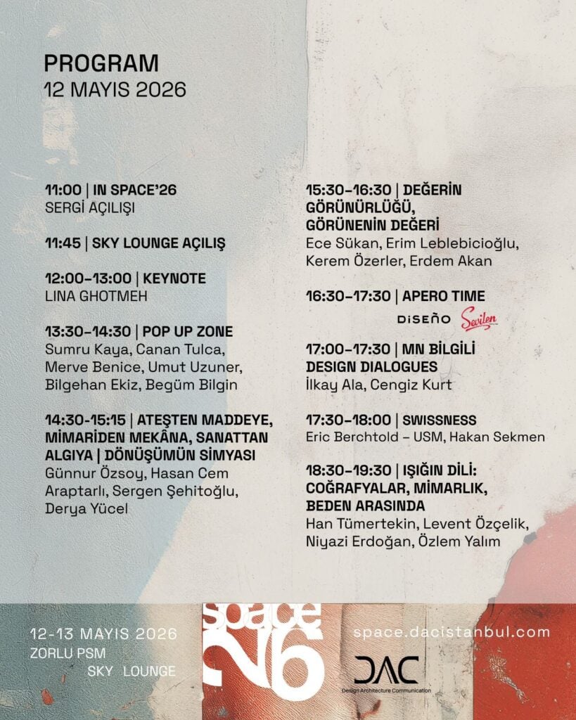 Event program poster showing the schedule and speakers for May 12, 2026 in two columns (times, titles, and presenter names).
