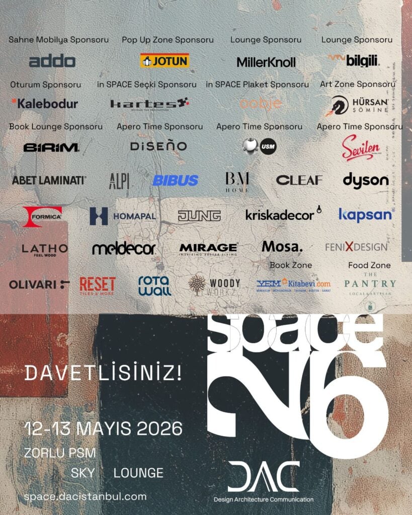 Poster for Space126: Design Architecture Communication event, Istanbul, 12–13 May 2026, featuring a grid of sponsor logos and the Turkish invitation text “DAVETLİSİNİZ!” with venue and date details.