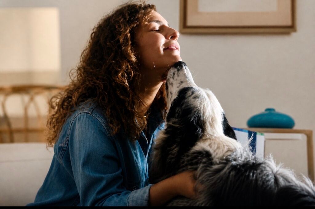 Woman in a denim shirt smiles with eyes closed as a black-and-white dog cuddles and nuzzles her face.
