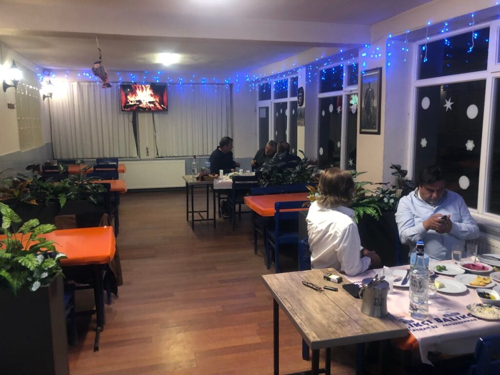 Indoor dining room decorated with blue fairy lights, plants, and people seated at tables with drinks and plates of food.