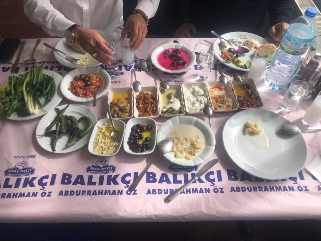 Table of Turkish meze: assorted bowls with olives, yogurt dips, salads, sauces, and fresh greens, plus a large bottle of water and people serving themselves.