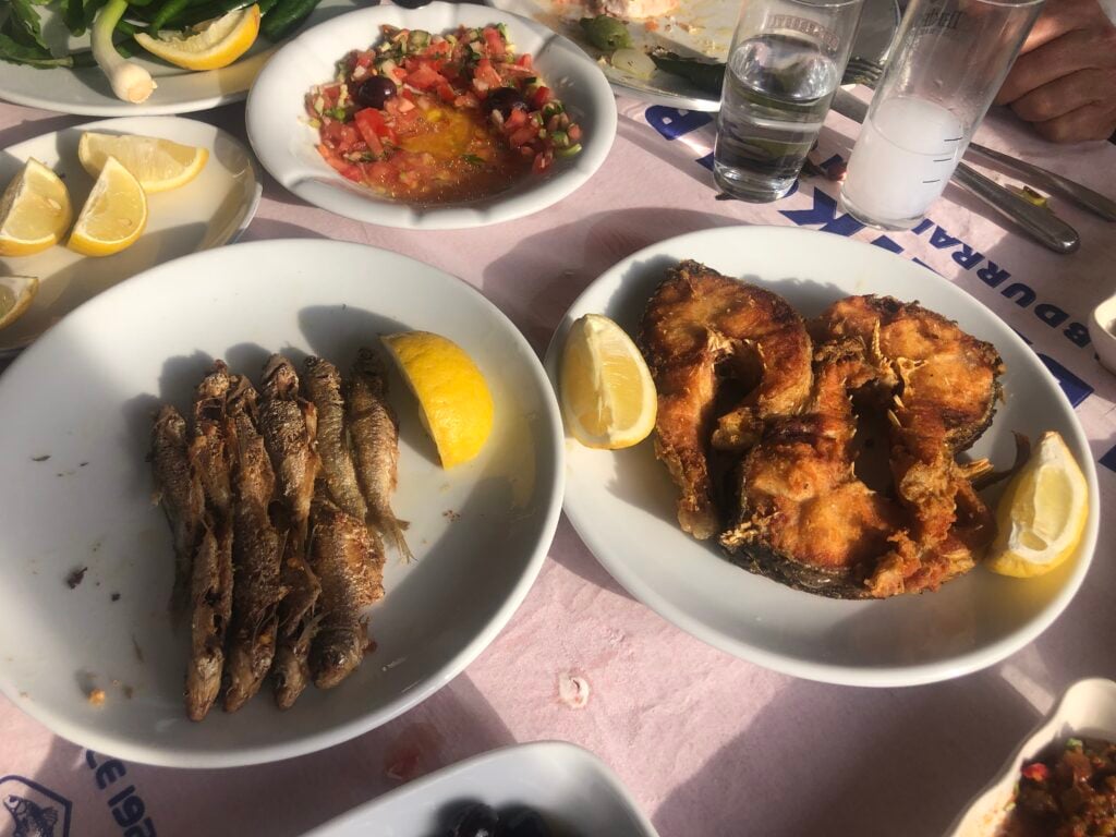 Two plates of fried seafood with lemon wedges—small fried fish on the left and battered fried pieces on the right, on a pink tablecloth.