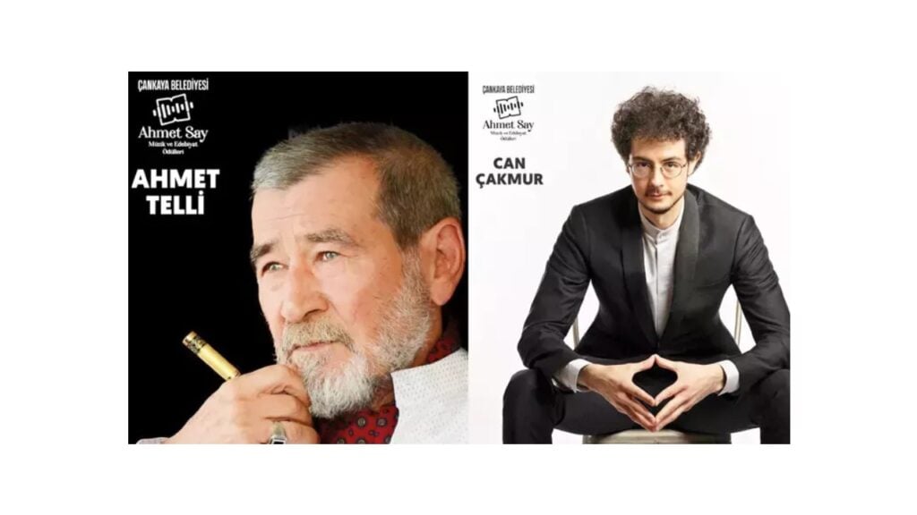 Split poster: left portrait of Ahmet Telli with a cigar; right portrait of Can Çakmur in a black suit.