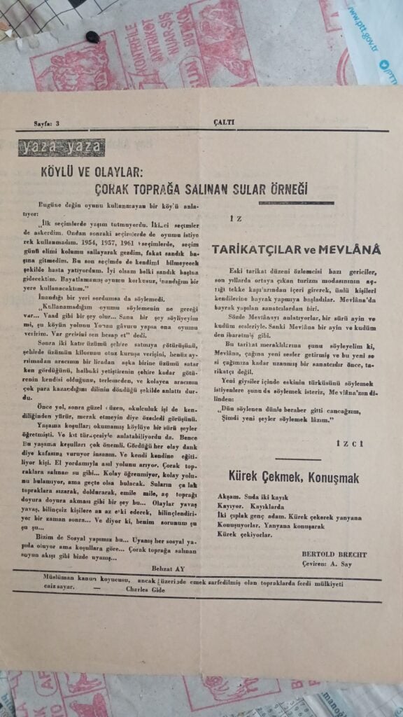 Old Turkish newspaper page with bold headlines, featuring an article titled 'KÖYLÜ VE OLAYLAR: ÇOK TOPRAĞA SALINAN SULAR ÖRNEĞİ' and a second column starting 'TARIKATÇILAR ve MEVLANA'.