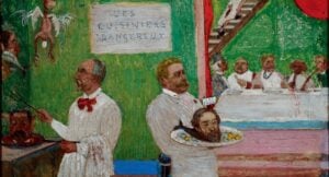 Caricature of cooks and diners in a colorful room; a green wall features a sign reading Des Cuisiniers Dangereux.