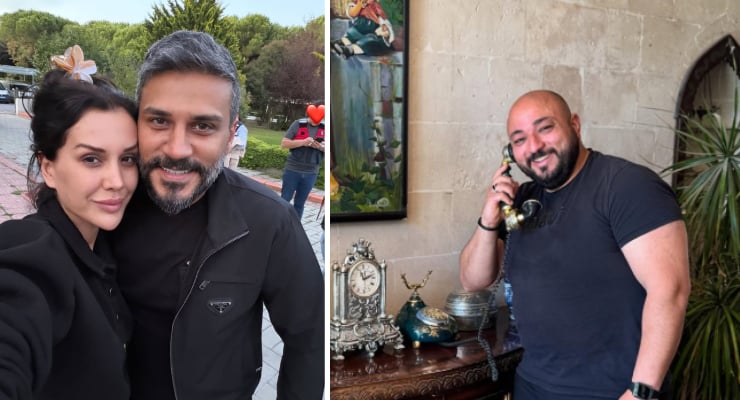 Two-panel photo: left shows a couple taking a selfie outdoors, smiling; right shows a man indoors talking on a vintage telephone beside a decorative clock and plants.