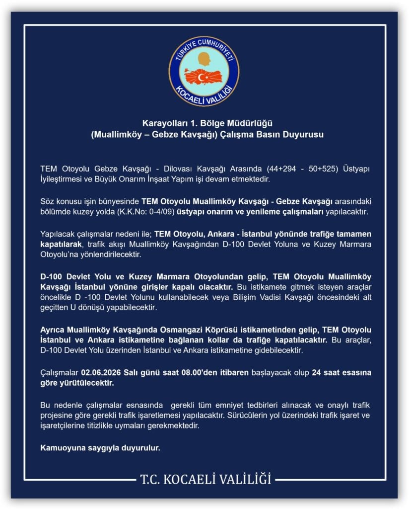 Official government poster from Kocaeli Governorate announcing highway work at Muallimköy–Gebze intersection (press release).