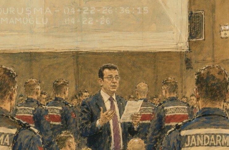 Man in a suit speaks to a room, holding papers, while uniformed officers labeled JANDARMA stand around him in a courtroom-like setting.