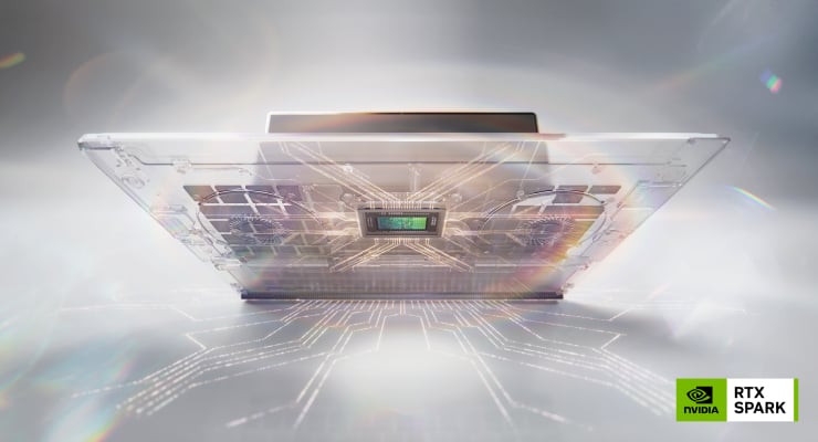 Futuristic transparent laptop with glowing circuitry visible from below; RTX Spark NVIDIA logo in the bottom-right corner.