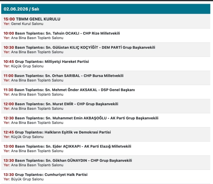 Schedule of political meetings for 02.06.2026 in Genel Kurul Salonu and Ana Bina Basın Toplantı Salonu (times shown)
