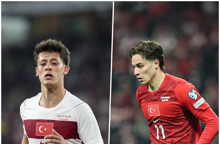 Two Turkish national team footballers sprinting on the field, split-screen: white kit on the left, red kit on the right.