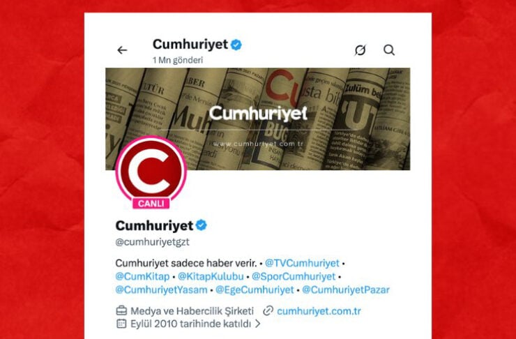 Twitter profile screenshot: Cumhuriyet with banner, logo, and blue verification badge on a white card against a red background﻿, IFOD branding below