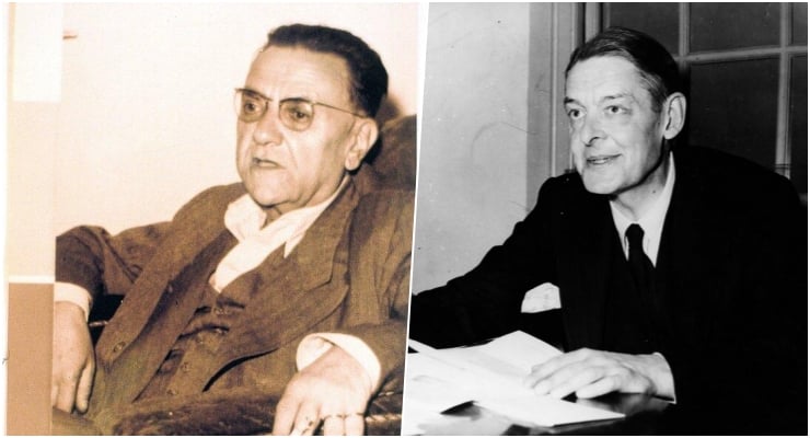 Two older men shown in a split image: left wearing a brown suit and glasses, right at a desk with papers in a dark suit.