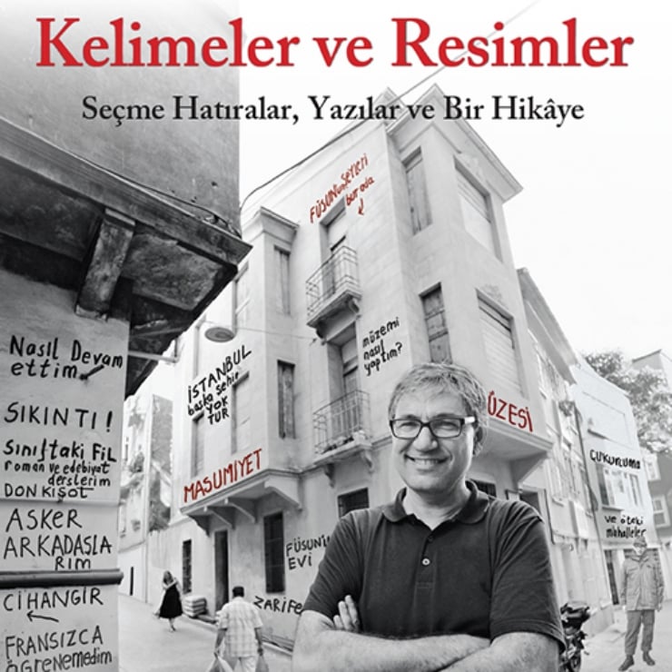 Smiling man with glasses stands in a graffiti-covered street; Turkish phrases on walls, title 'Kelimeler ve Resimler' overhead.