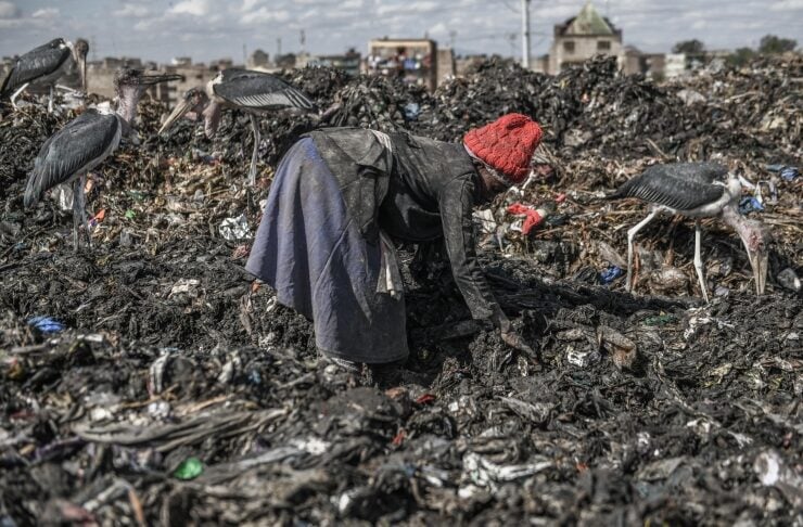 Person wearing a red hat bent over in a large garbage dump as birds forage among the trash.