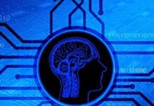 Silhouette of a human head with a glowing brain inside a circle, surrounded by blue circuitry and binary code to symbolize AI and neuroscience.