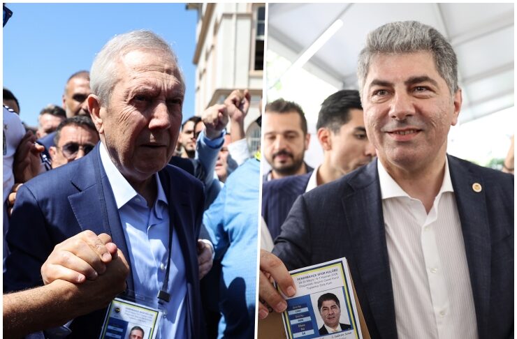 Two men in suits at a public event shown in a split image; left side shows an older man surrounded by supporters, right side shows another man holding a card and near a ballot box or display case.