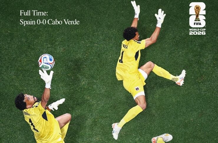 Three Spain players in yellow jump and celebrate on a green pitch; caption reads 'Full Time: Spain 0-0 Cabo Verde' with the FIFA World Cup 2026 logo in the corner.
