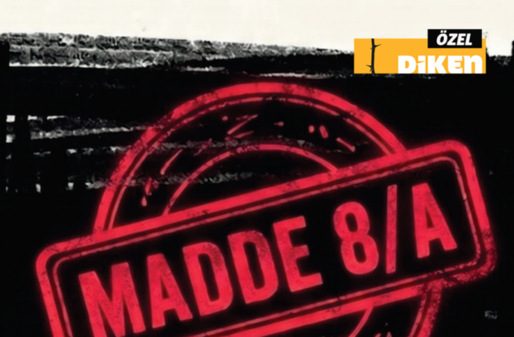 Red circular stamp with a diagonal banner reading 'MADE 8/A' on a gritty black background; small orange 'ÖZEL DİKEN' logo in the corner.