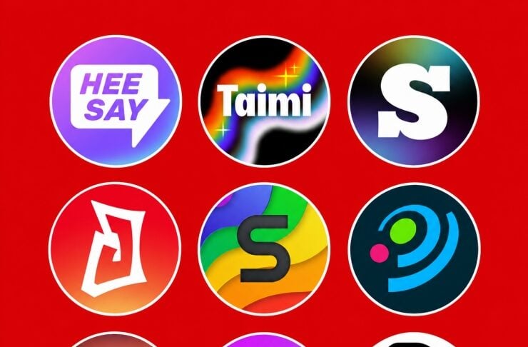 Nine circular app logos arranged in three rows on a bright red background.