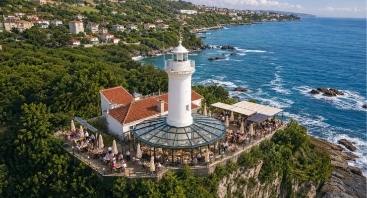 White lighthouse on a rocky cliff with a glass-roofed pavilion and outdoor dining area, overlooking the blue sea and a coastal town nearby.
