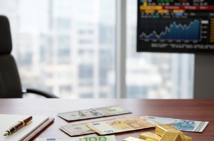 Desk with euro and dollar cash, gold bars and coins, a notebook and pen, and a monitor showing a stock chart—conveying wealth and finance.] (short)