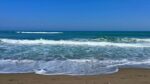 Blue ocean with small white-capped waves rolling onto a sandy beach under a clear sky