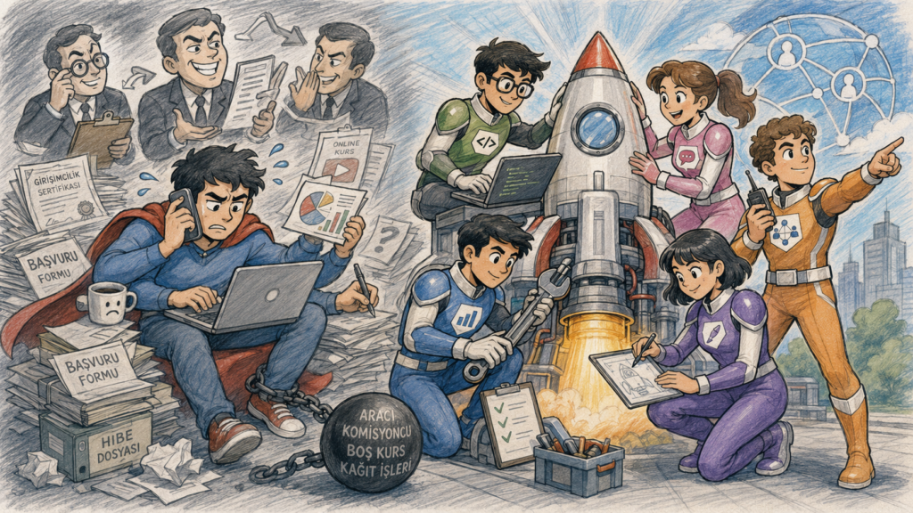 Team of diverse students building a rocket: some code on laptops, others organize papers and tools around the launch pad.