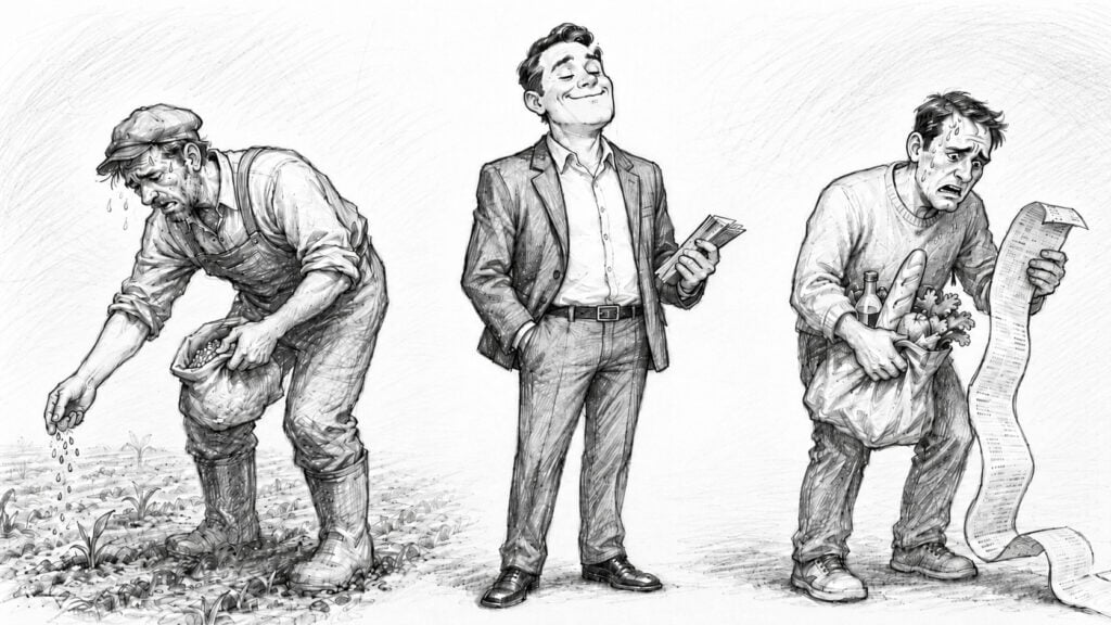 Triptych illustration showing three worker archetypes: a weary farmer watering crops, a confident businessman in a suit with a folder, and a laborer holding tools with a long bill or receipt