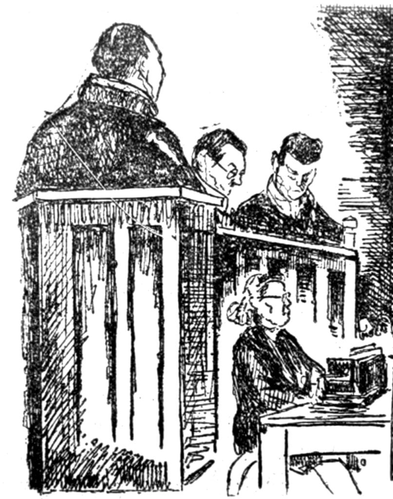 Black-and-white sketch of a person at a podium addressing two people seated at a table, as in a courtroom setting