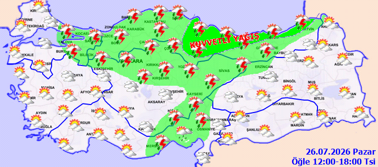 Turkey weather map showing a green band of heavy rain and thunderstorms across central and northern regions; valid 26.07.2026, 12:00–18:00.