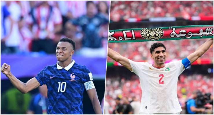 Split-screen of France's Antoine Griezmann (number 10) celebrating on the left and Morocco's Achraf Hakimi (number 2) raising his arms on the right.