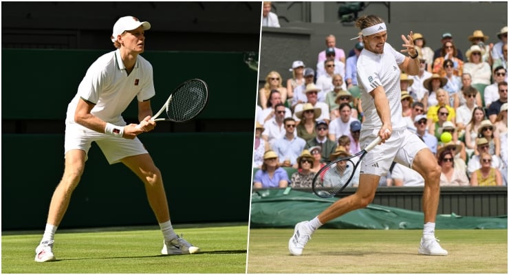 Split image of a tennis player in white on a grass court, first in a ready stance, then mid-swing forehand.
