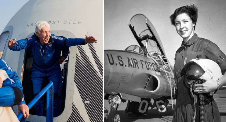Split image: left shows an elderly man in a blue flight suit smiling as he steps onto a aircraft doorway; right shows a woman in a flight suit holding a helmet beside a U.S. Air Force jet (black-and-white photo).