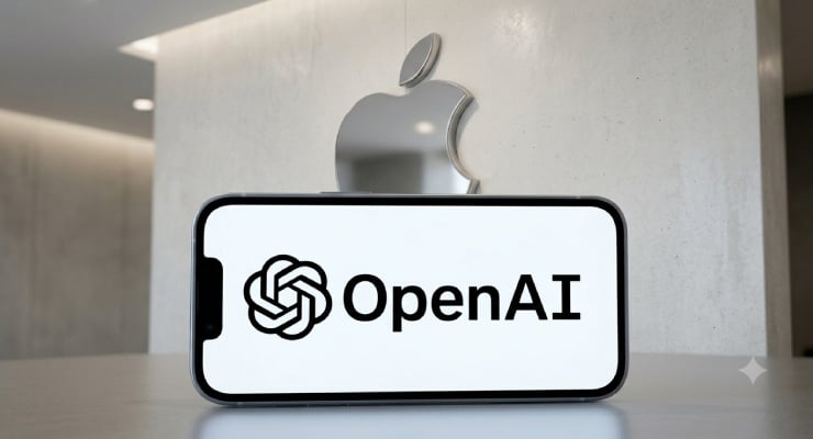 iPhone resting on a table showing the OpenAI logo on its screen, with a silver Apple logo on the wall behind.