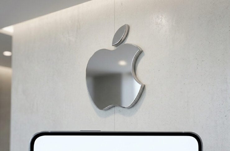 iPhone lying on a desk showing the OpenAI logo on its screen, with a large Apple logo on the wall behind it