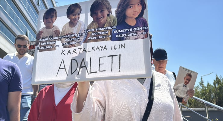 Group of protesters holding a sign that reads 'KARTALKAYA İÇİN ADALET!' with photos of children along the top edge above the sign.